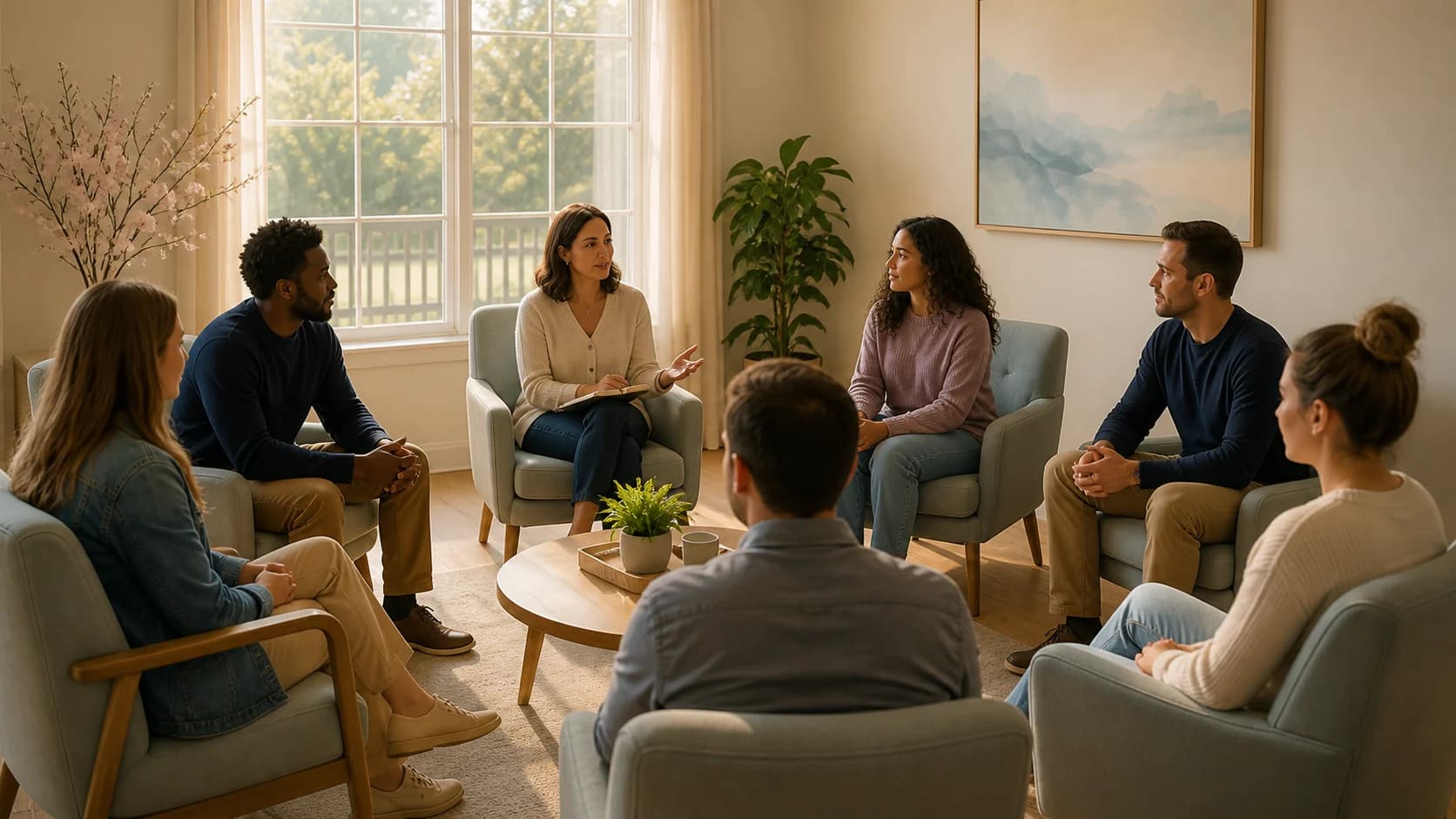 Adults participating in a structured outpatient group session