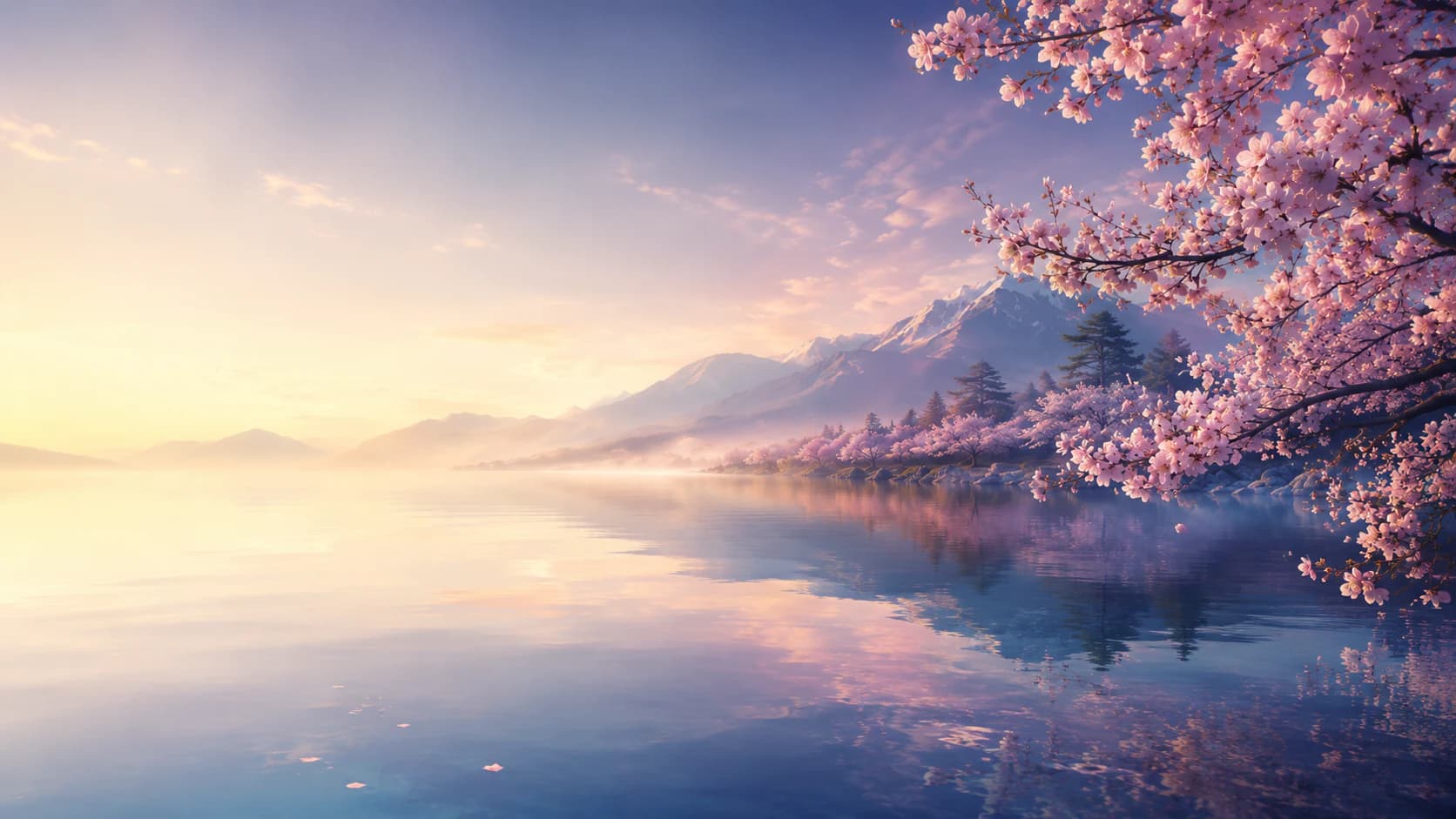 Cherry blossoms beside a calm lake at sunrise