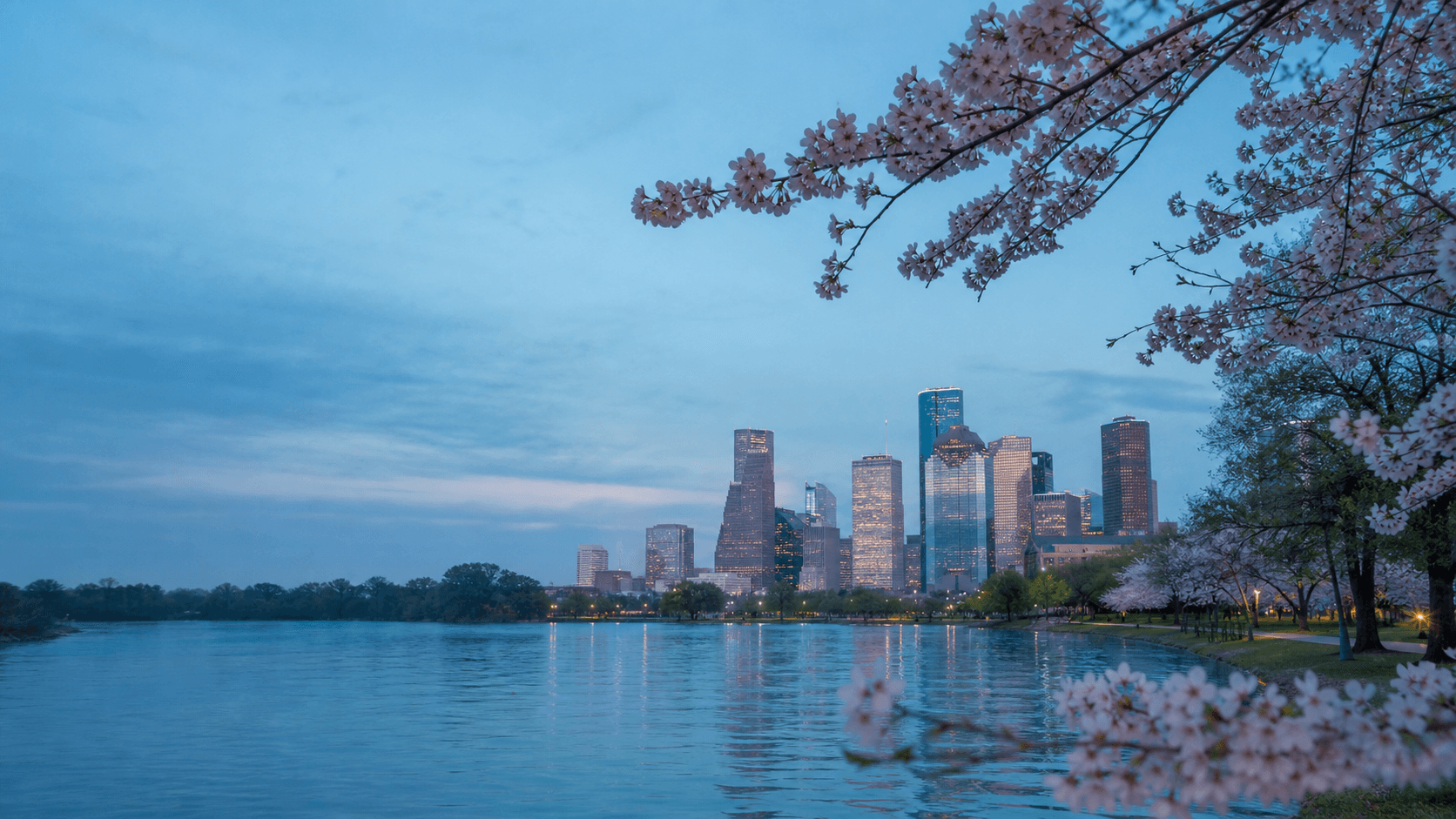 Illustrated downtown Houston skyline beside the water