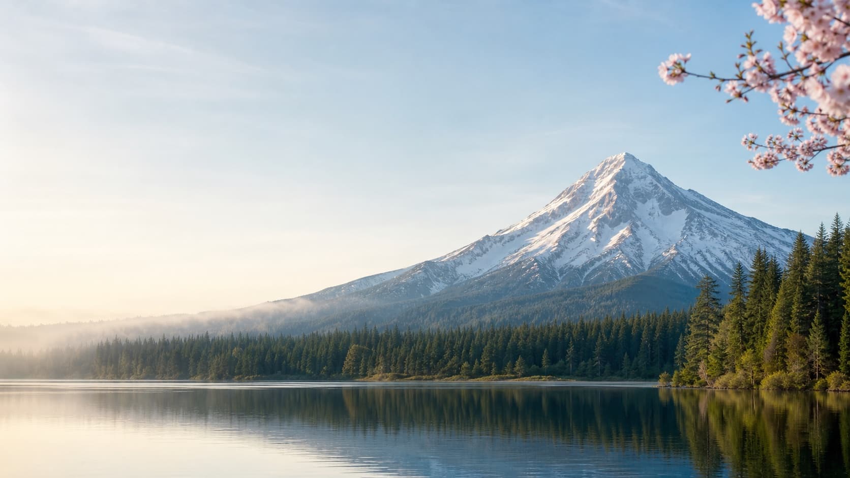 Illustrated Mount Hood over a Pacific Northwest lake