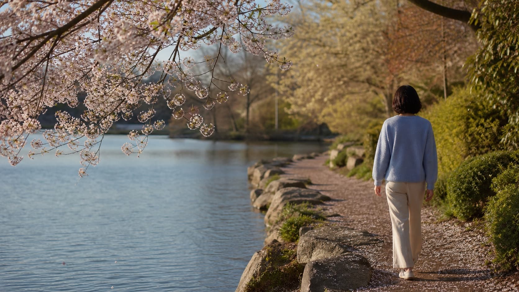 An adult walking beside calm water under flowering cherry branches