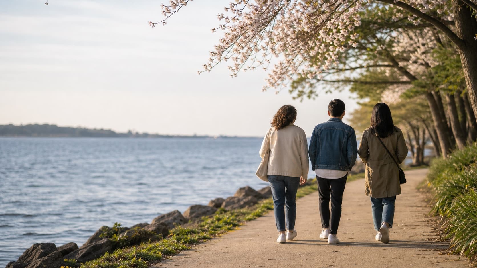 Three adults walking together beside calm water under flowering branches