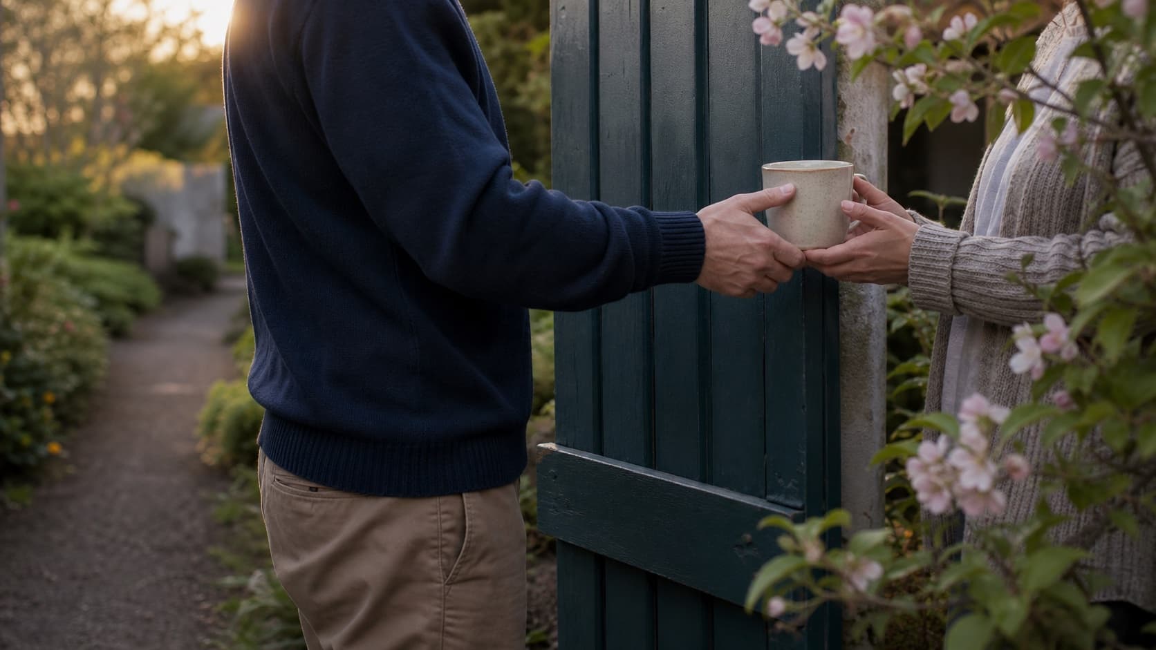 Two adults passing a ceramic mug at a garden gate