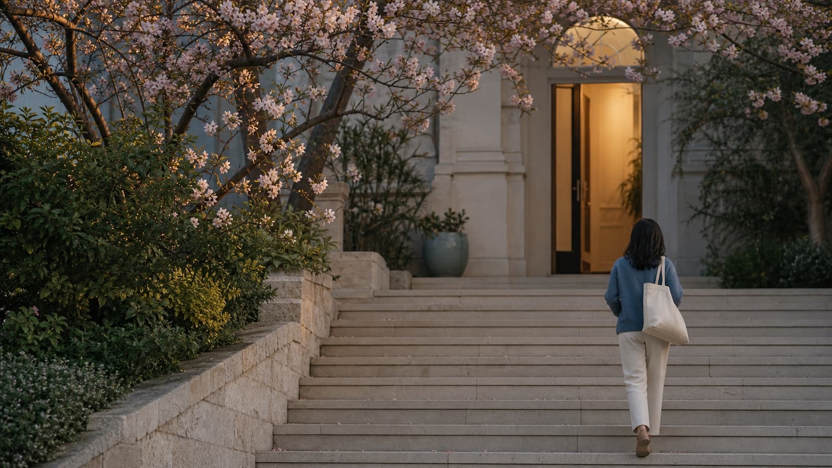 An adult approaching a quiet garden doorway beneath flowering branches