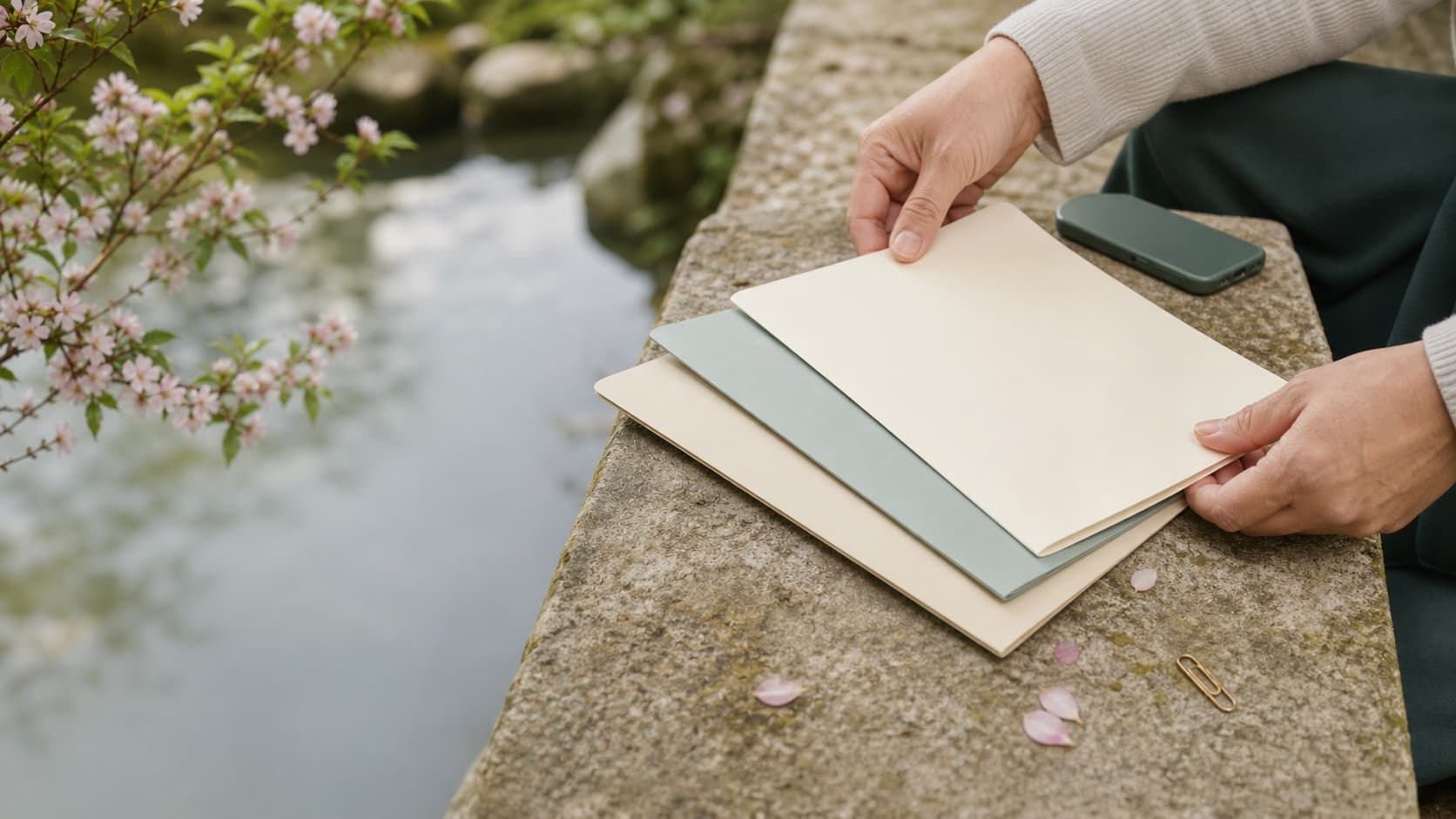 Hands organizing unmarked document sleeves beside calm water