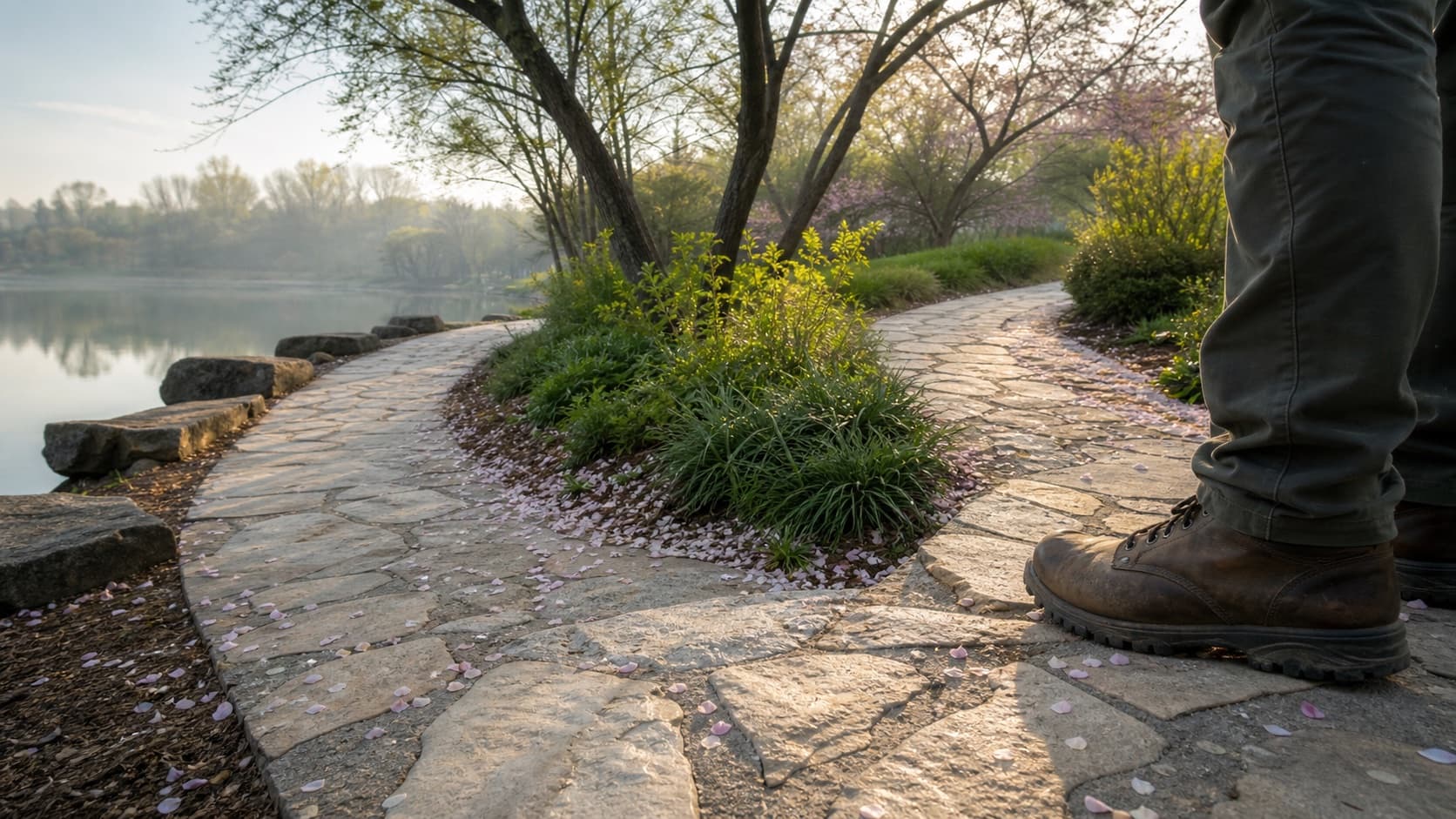 Walking boots at a quiet fork in a stone garden path beside water