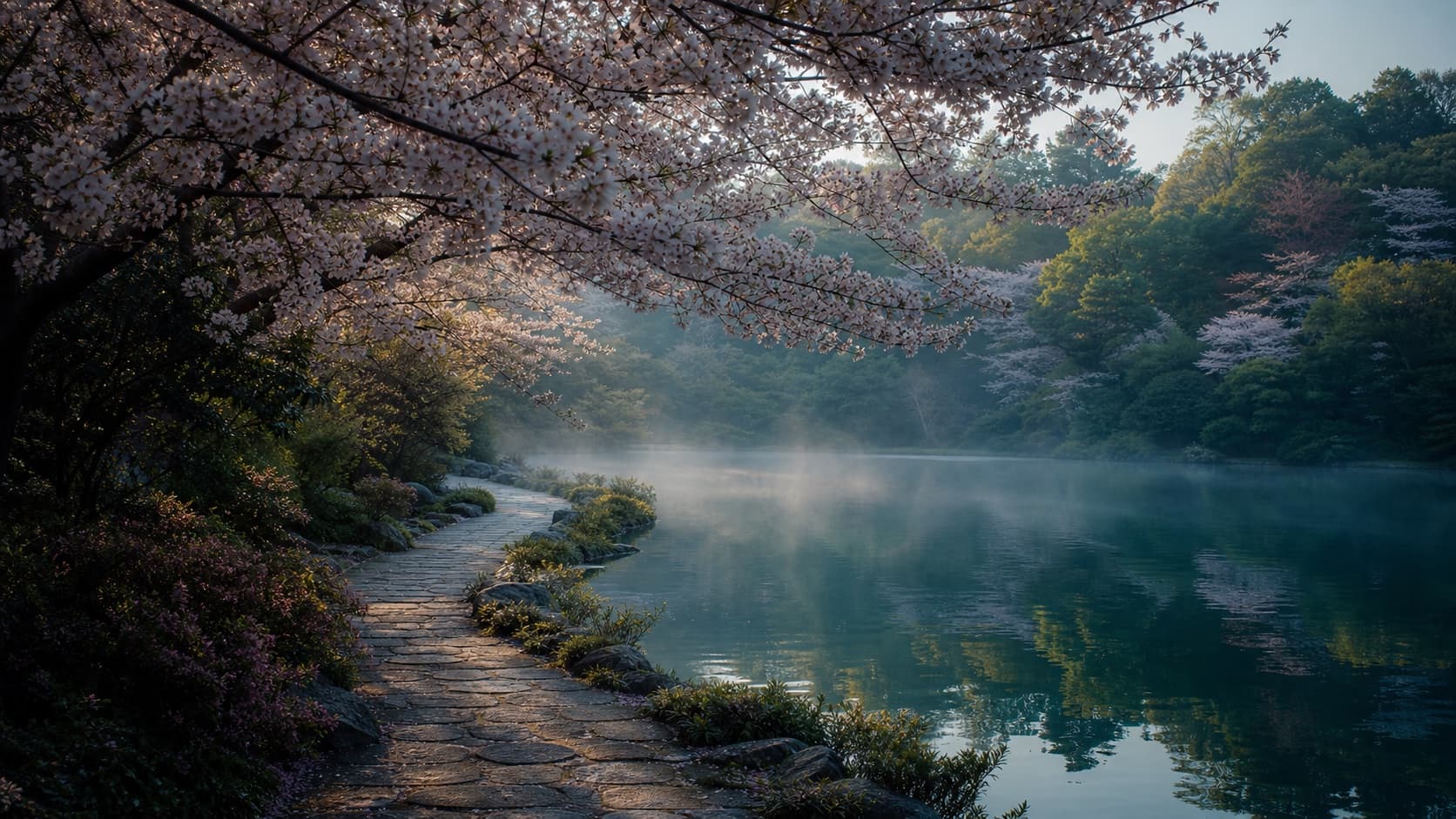 Flowering cherry branches beside a misty teal lake
