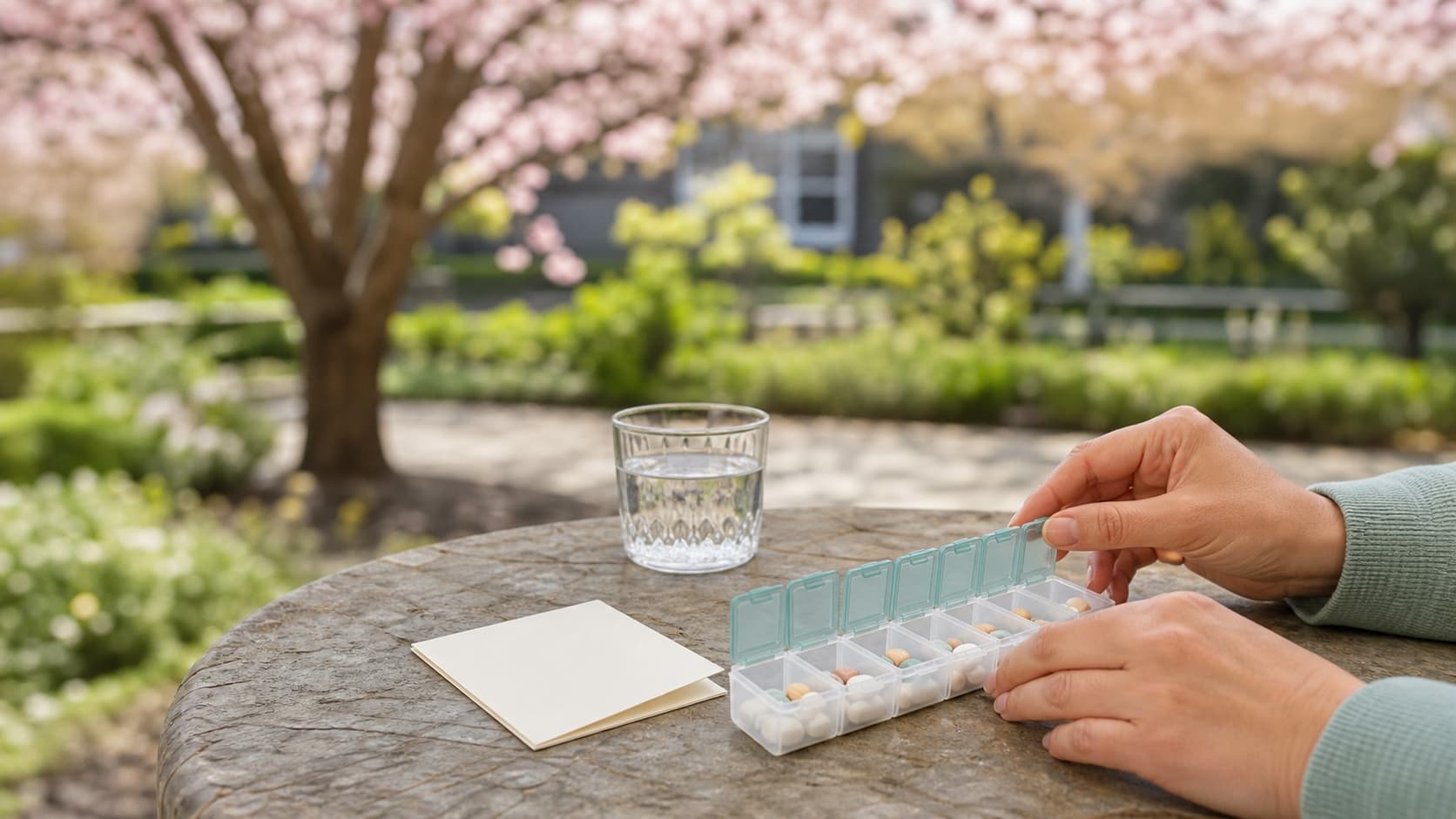 Hands organizing an unmarked weekly pill organizer beside water and blossoms