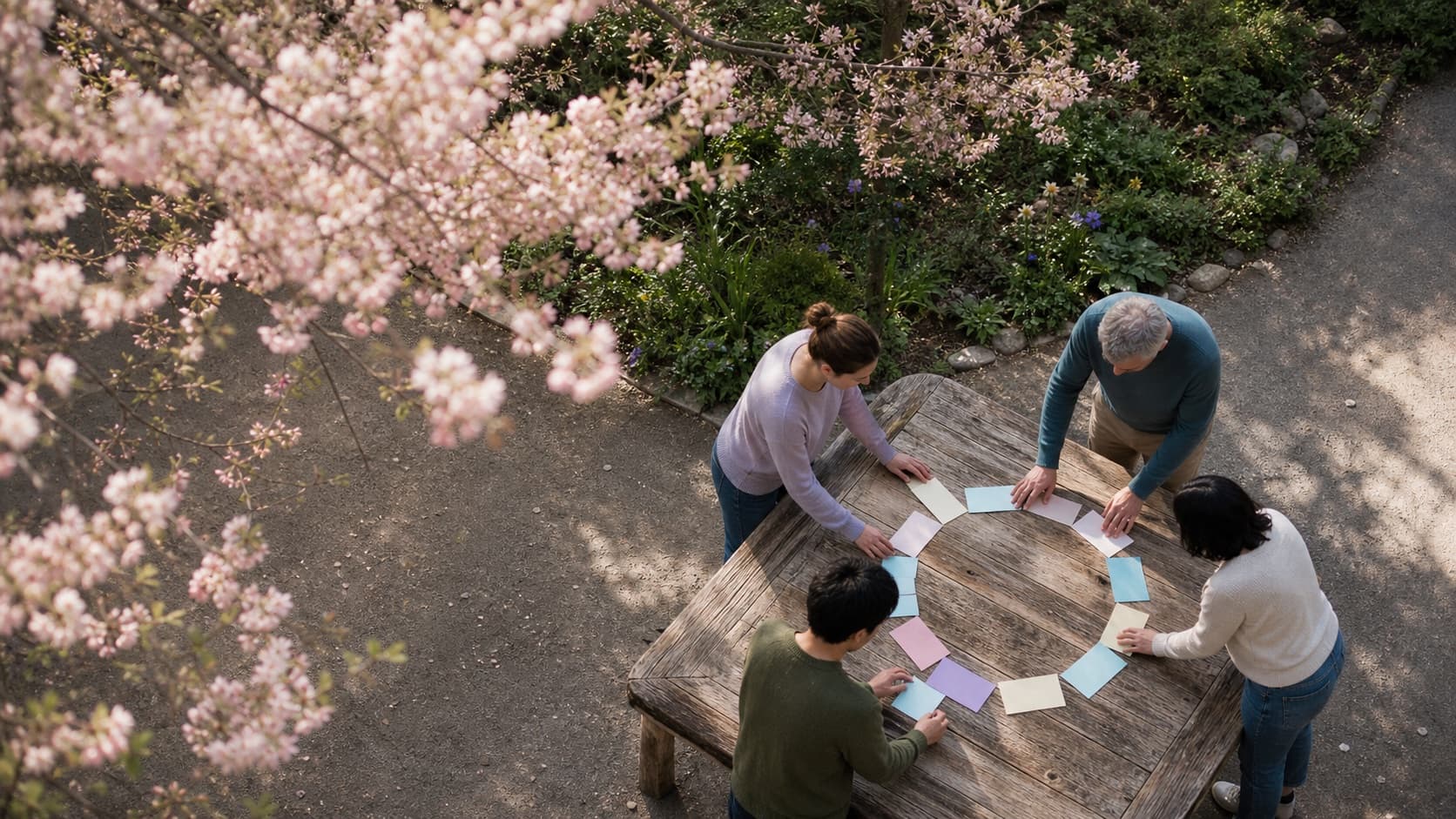 A small group arranging blank cards in a circle at an outdoor table