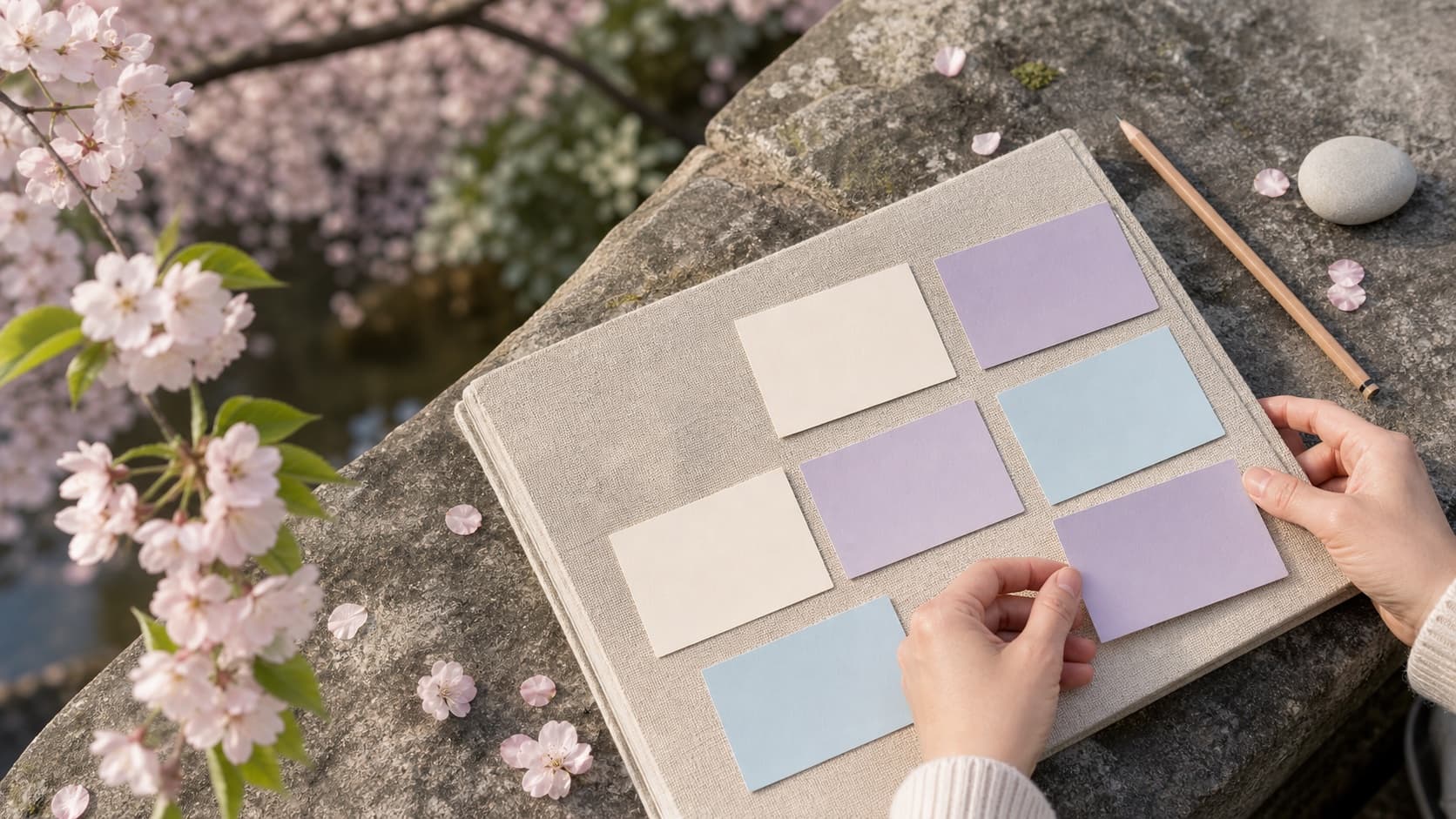 Hands arranging blank colored cards on a linen journal with cherry blossoms