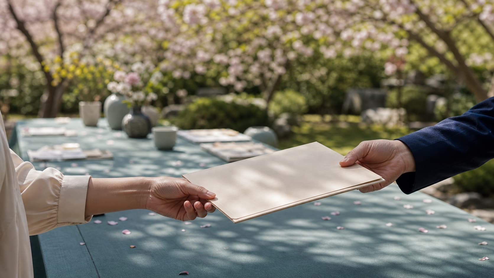 Two people exchanging a sealed folder across a garden table