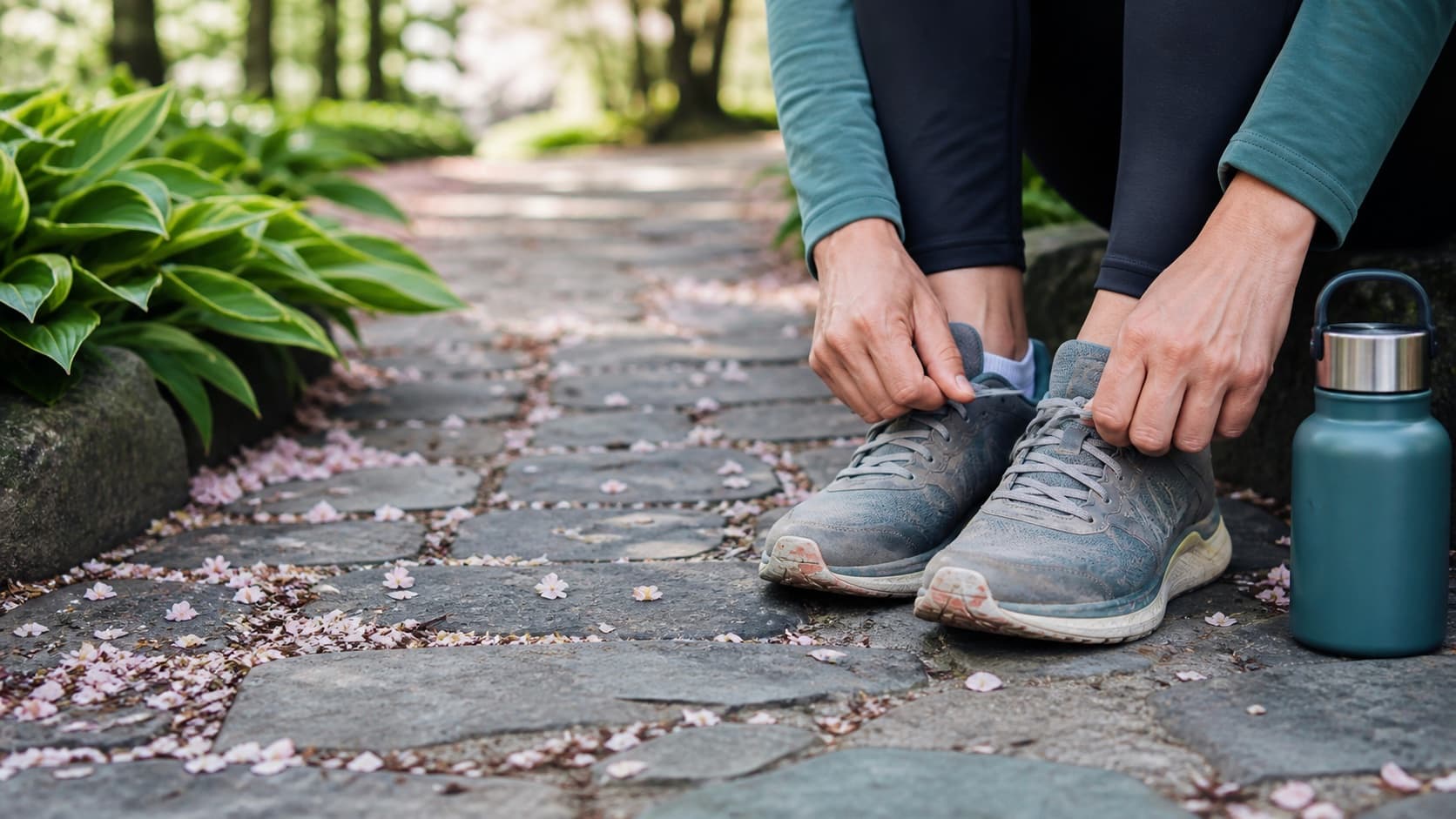 Hands tying walking shoes on a stone path scattered with cherry petals