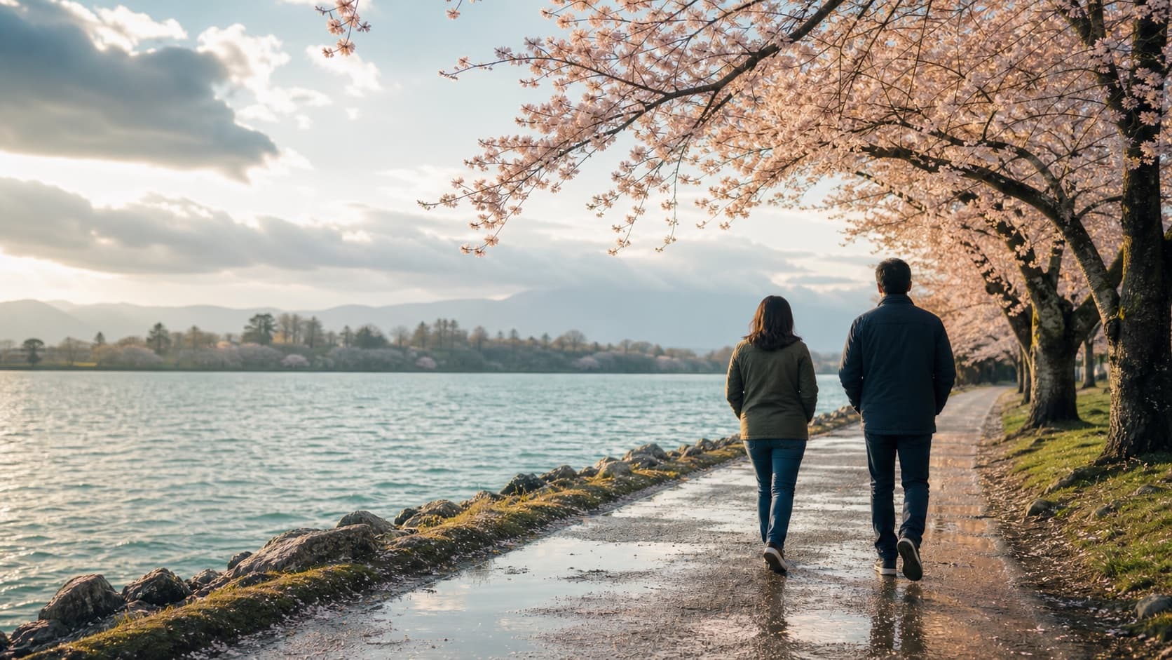 Two adults walking side by side along a cherry-lined lakeside path