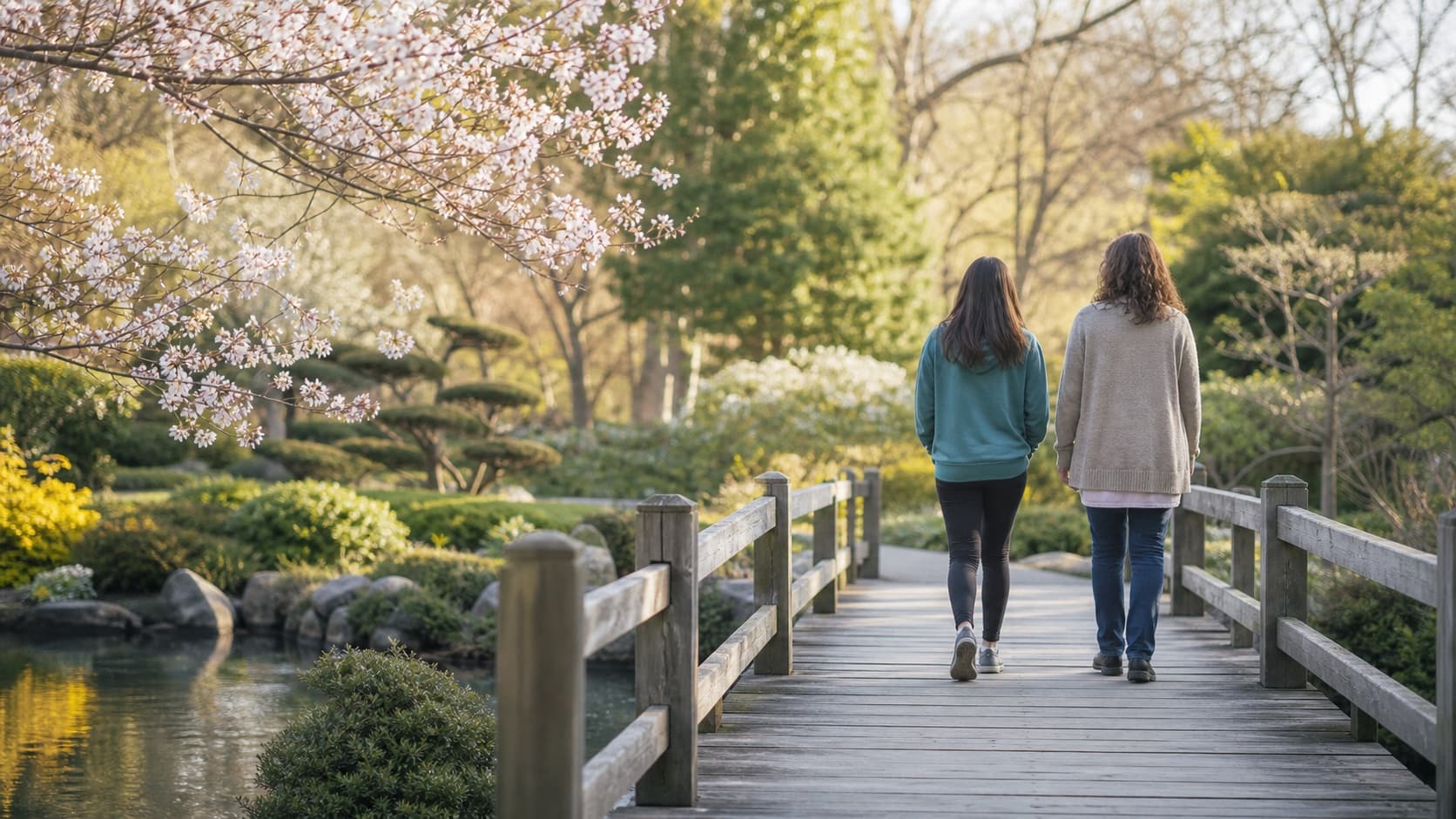 A teen and caregiver walking across a quiet garden footbridge