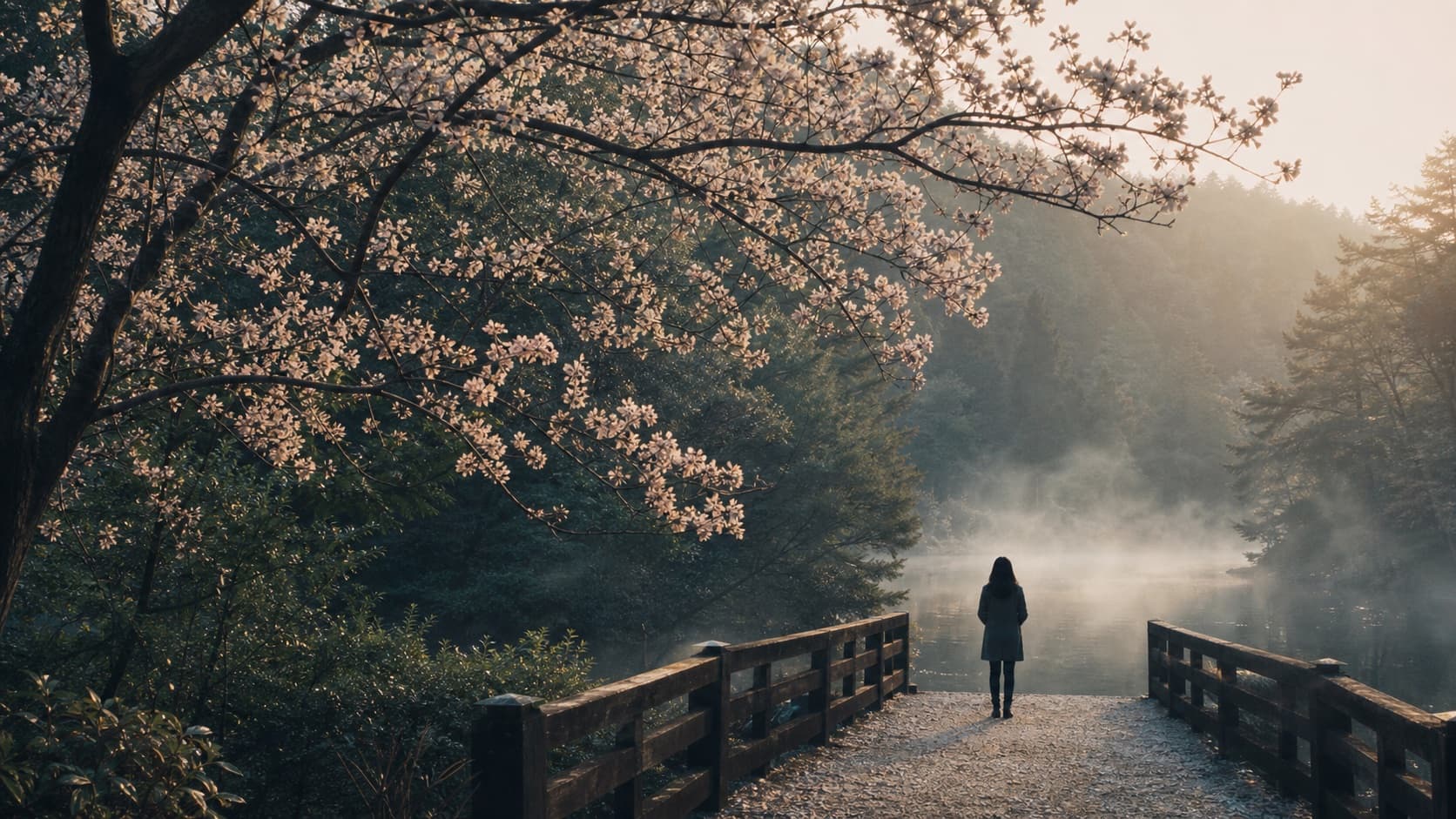 A solitary figure at the end of a misty footbridge beneath cherry branches